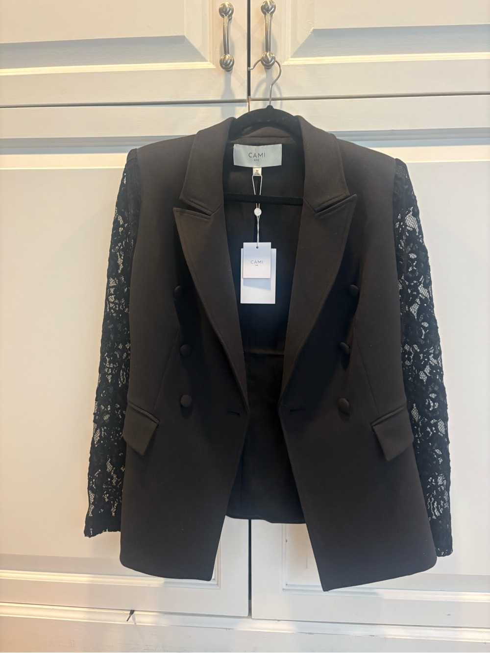 Cami NYC Black Double-Breasted Blazer with Lace Sleeves